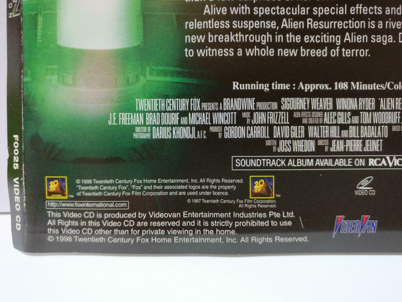 Horror Movie Alien Resurrection Sigourney Weaver Singapore Video 2x VCD CDS569