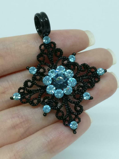 Rare Vintage Diamante Blue Sparkling Rhinestone Beads Flower Pendant F/S (J907)