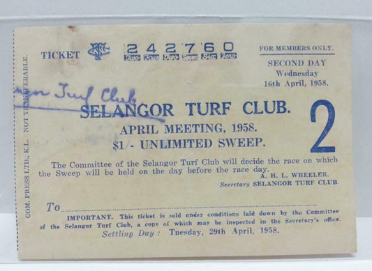 Rare Vintage Malaysia Selangor Turf Club Members 1958 Sweep Ticket Paper (AC260)