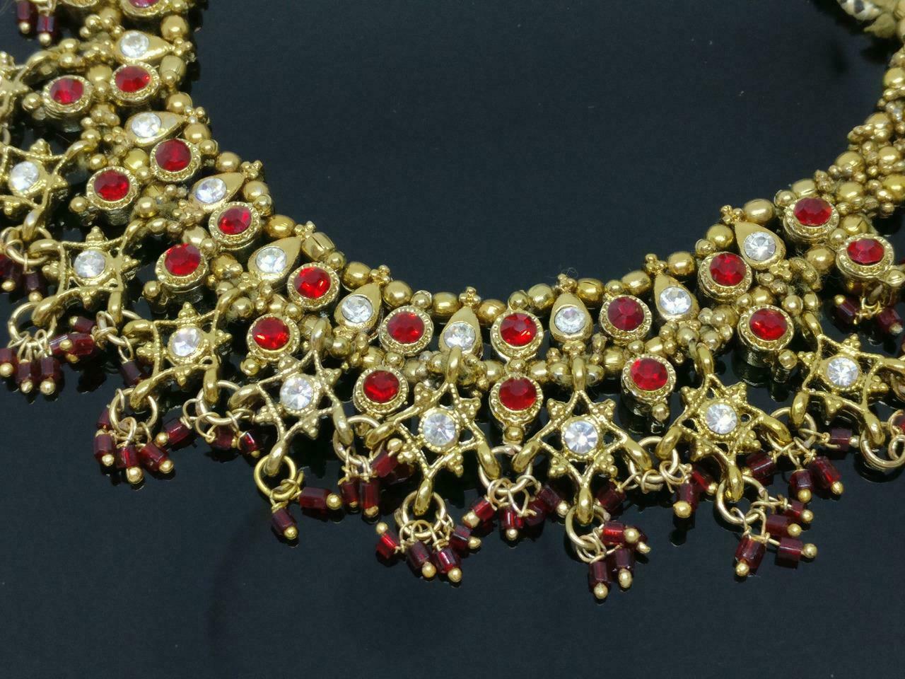 CJ888 Vintage Beautiful Red Rhinestone Diamante Thread Estate Necklace F/S J555