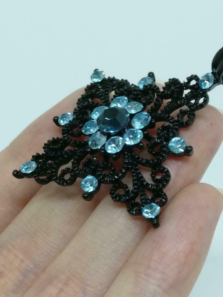 Rare Vintage Diamante Blue Sparkling Rhinestone Beads Flower Pendant F/S (J907)