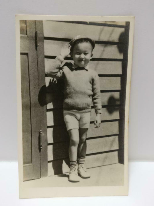 Vtg Asian Chinese Cute Clothes Boy Posing Outdoor Wall Portrait B&W Photo (P286)