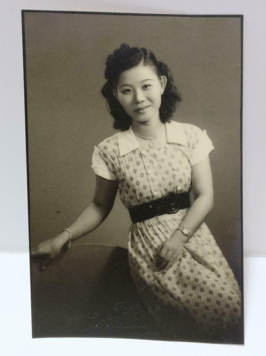1950s Chinese Lady Pattern Collar Dress Posing Portrait Studio B&W Postcard P515