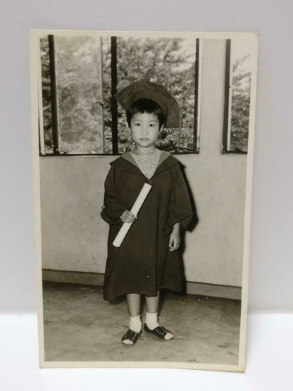 Vintage Asian School Boy Student Graduation Gown Scroll Portrait B&W Photo P289