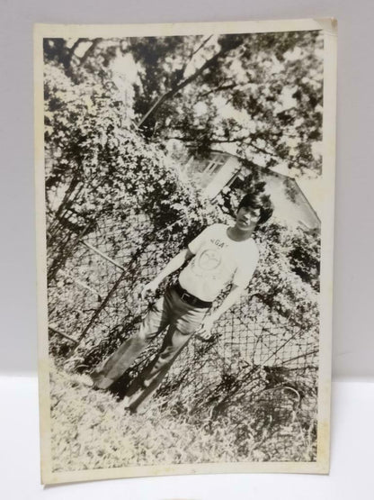 Vintage Asian Chinese Man Standing By Fence Outdoor Portrait B&W Photo (P318)