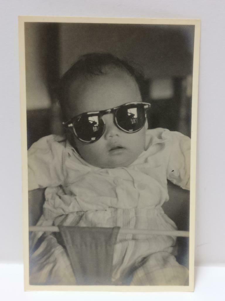 Vintage Asian Chinese Baby Wearing Sunglasses Cute Stripes Pants B&W Photo P357