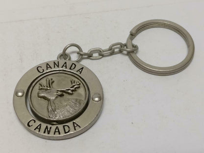 Vintage Canada Red Maple Leaf Moose Silver Tone Metal Keychain Keyring F/S B732