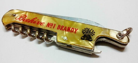 Vintage Beehive VSOP Brandy Cognac Advertising Pocket Camp Knife Beer OpenerA441