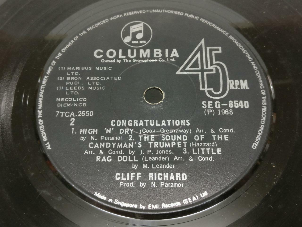 Cliff Richard Congratulations 1968 Rare EMI Singapore English 7" EP  (EP012)