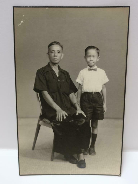 Vintage Overseas Chinese Father & Son Family Portrait Studio B&W Photo (P463)