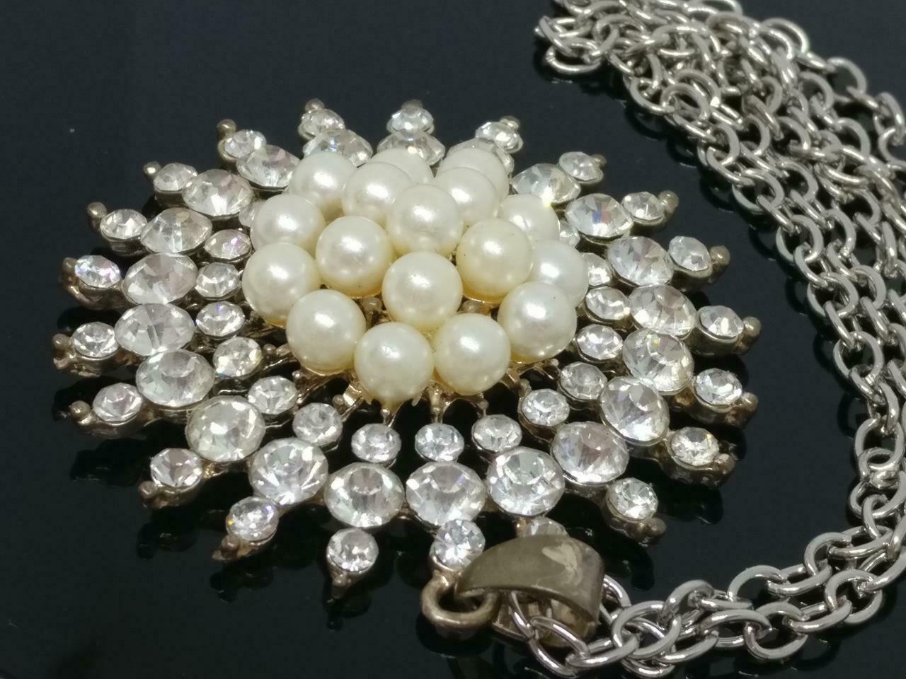 CJ888 Beautiful Faux Pearls Diamante Rhinestone Pendant Estate Necklace F/S J543