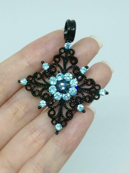 Rare Vintage Diamante Blue Sparkling Rhinestone Beads Flower Pendant F/S (J907)