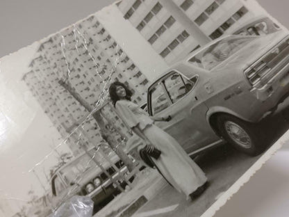 Vintage Asian Malay Lady Posing Beside Retro Datsun Car Buildings B&W Photo P384