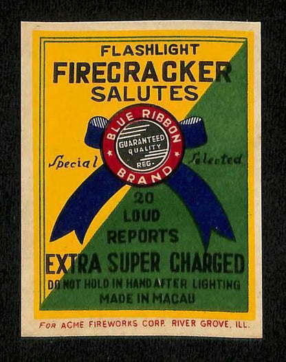 Rare Vintage China Macau Chinese Firecracker Label Blue Ribbon Badge (AC312)
