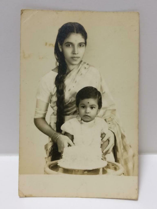 Vintage Asian Indian Mother Child Birthday Cake Studio Portrait B&W Photo (P298)