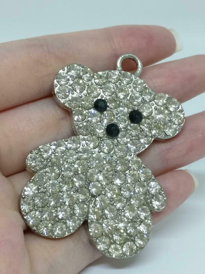 Rare Vintage Bear Bling Diamente Rhinestone Metal Silver Tone Pendant F/S (J846)