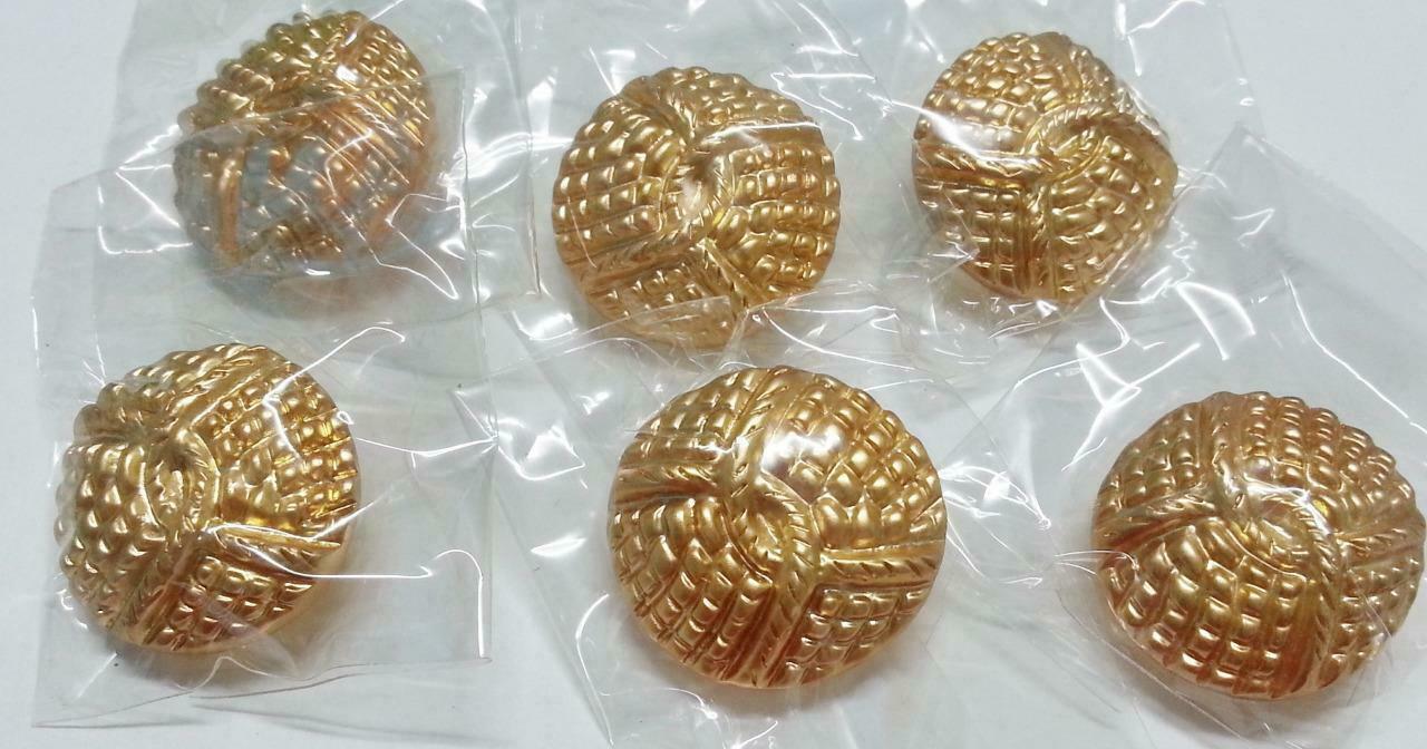Rare Vintage Asia Gold Tone Metal Unique Pattern Round Buttons x 6 (B390)