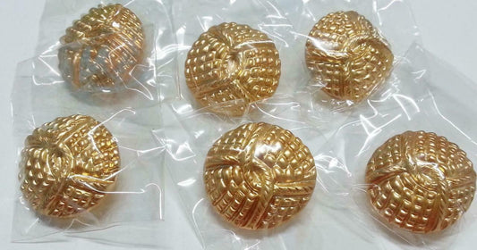 Rare Vintage Asia Gold Tone Metal Unique Pattern Round Buttons x 6 (B390)