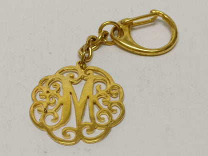 Vintage Beautiful Letter Initial M Gold Tone Metal Keyring Keychain F/S (B782)