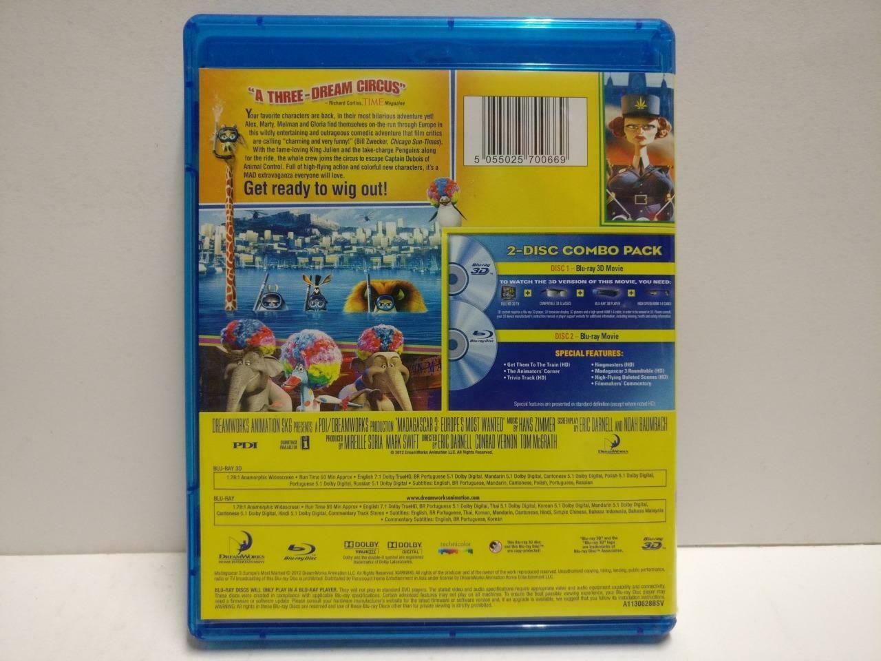 Blu-Ray 3D Movie Dreamworks Madagascar 3 2012 2x Disc No Booklet (GA386)