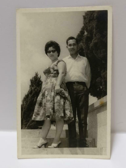 Vintage Asian Chinese Couple Posing Outdoors Sunglasse Portrait B&W Photo (P377)