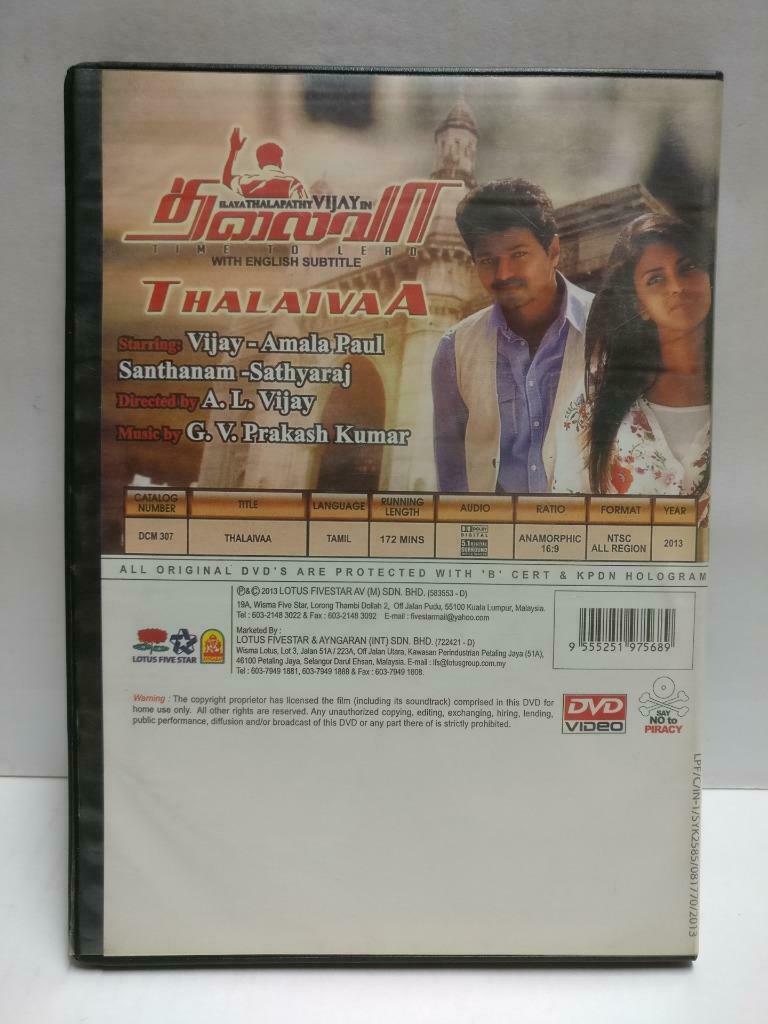 India Bollywood Tamil Movie Thalaivaa Vijay Amala Paul Malaysia DVD CD1029