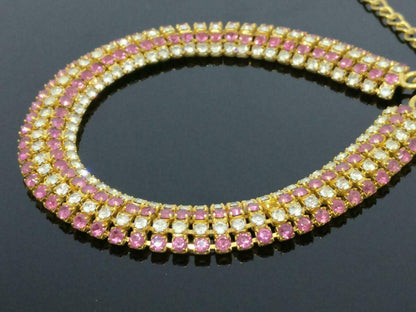 Vintage Diamante Pink & Clear Rhinestone Gold Tone Necklace F/S (J637)