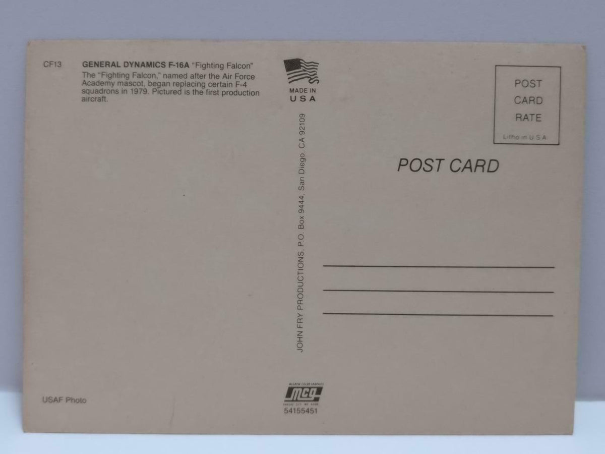 LUCKYPIGEON888 USA Dynamics F-16A Military Airplane Fighter Jet Postcard E0408