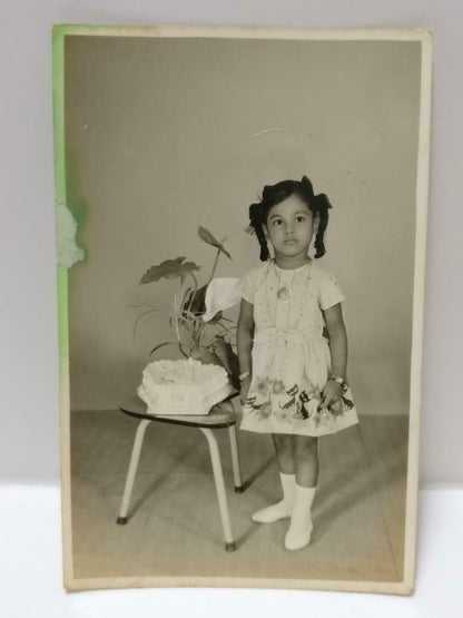 Vintage Cute Asian Chinese Girl Posing With Birthday Cake Studio B&W Photo P442