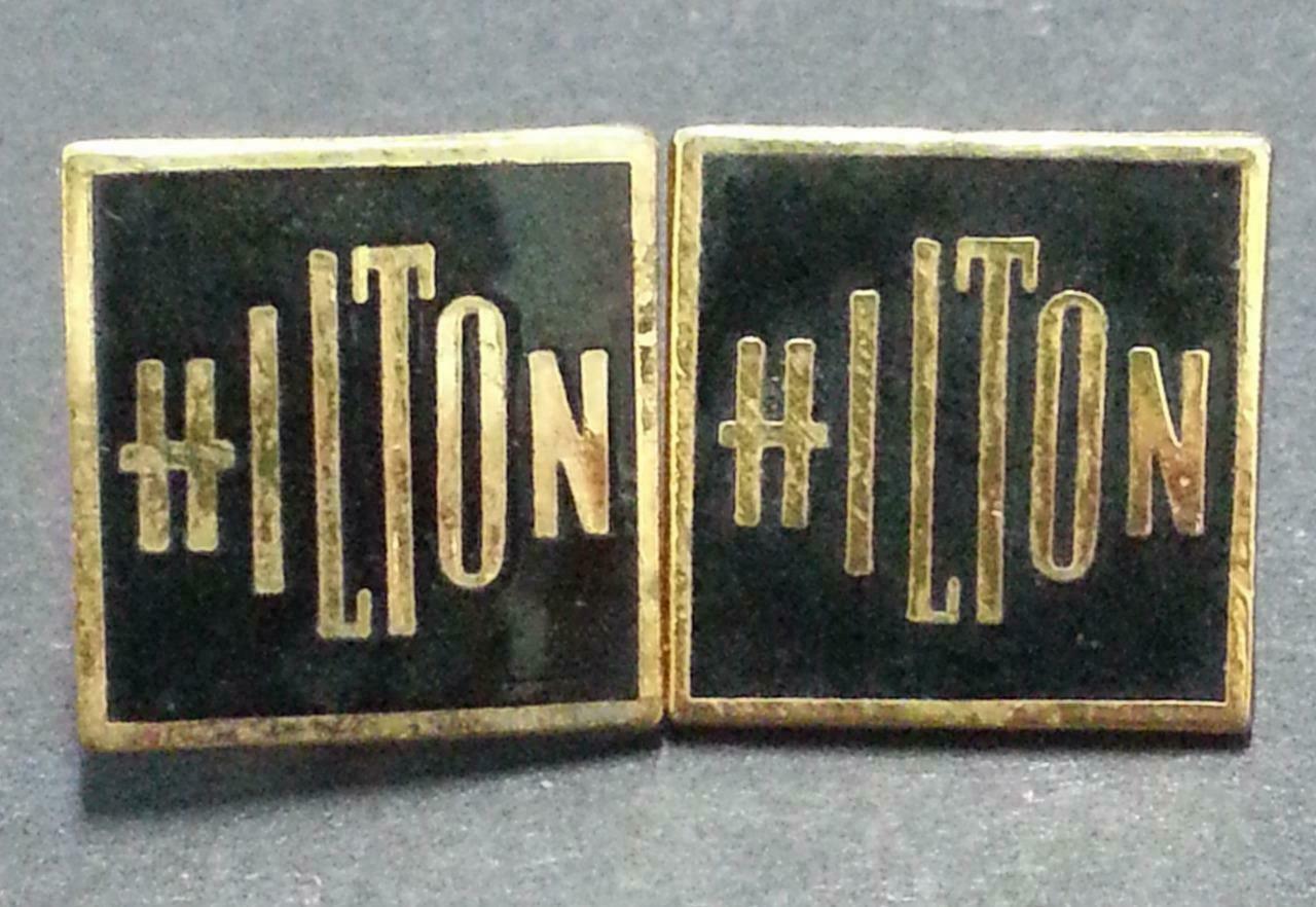 Rare Vintage Hilton Square 2 x Goid Tone Pin Badges (B275)