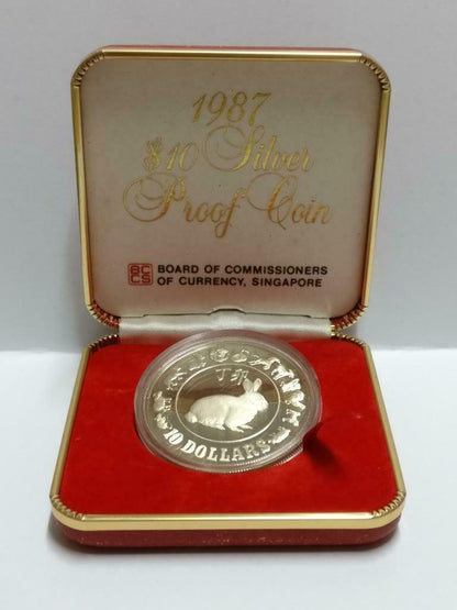Singapore $10 Rabbit 1987 Proof Silver Coin With Box & Cert (C041b)