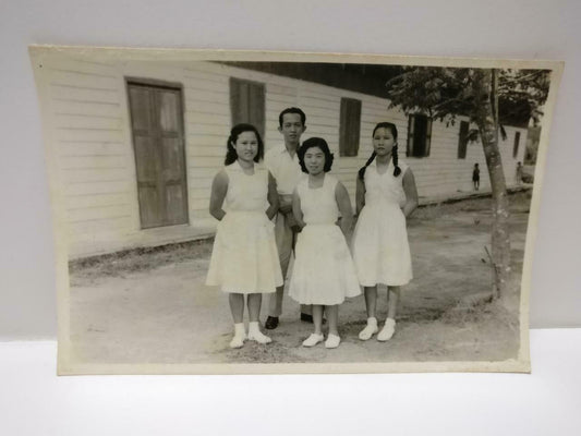 Vtg Asian Chinese Teacher Students Girl School Uniforms Portrait B&W Photo P267