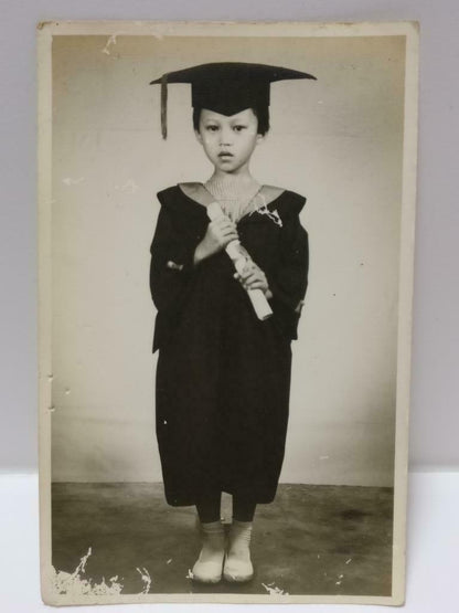 Vintage Asian Kid Girl In Graduation Gown With A Scroll Studio B&W Photo (P436)