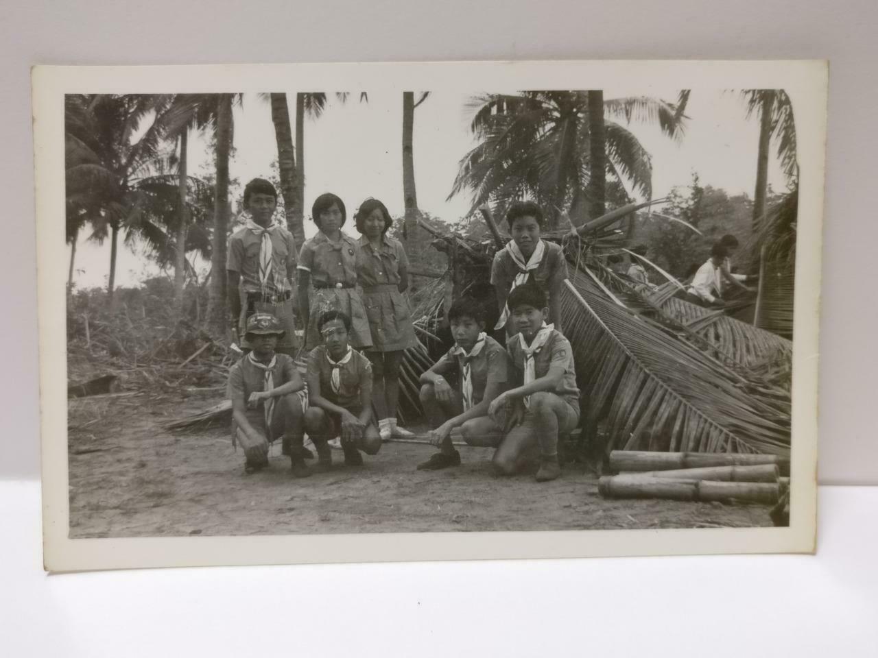 Vintage Singapore Scouts Girls Boys At Camping Tent Candid B&W Photo (P509)