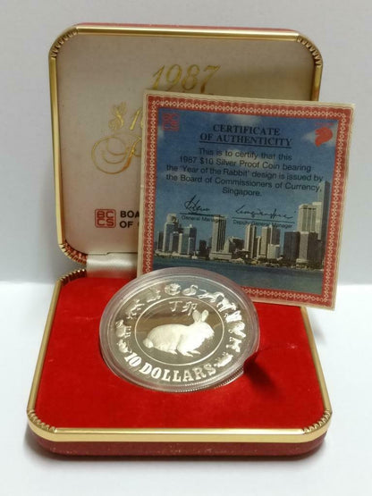 Singapore $10 Rabbit 1987 Proof Silver Coin With Box & Cert (C041b)