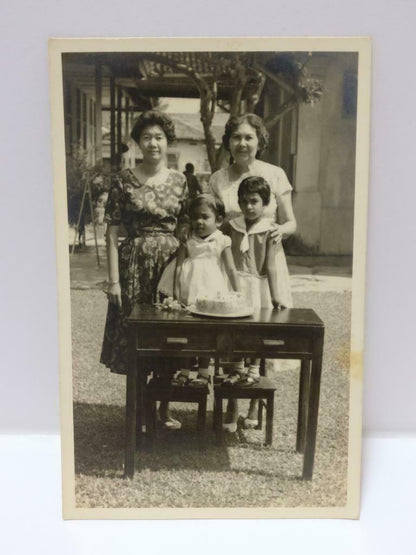 Vintage Asian Family Moment Birthday Cake Children Outdoors Retro B&W Photo P425