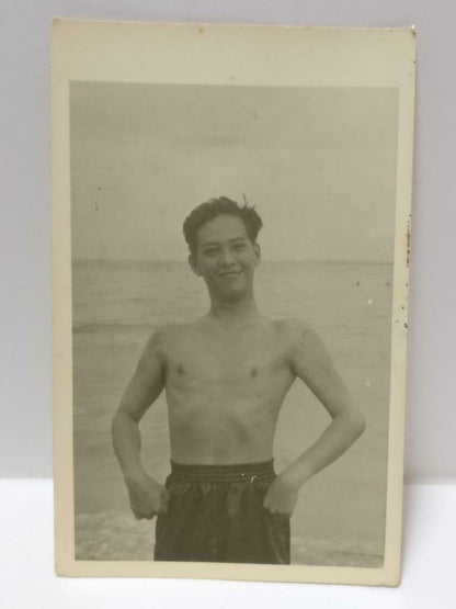 Vintage Asian Chinese Man Close Up Topless Smiling Seaside B&W Postcard (P469)