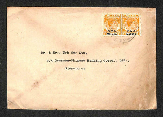 1945 Singapore Local BMA Malaya 2 Cents x 2 Stamp Chop Mail Cover (C1398)