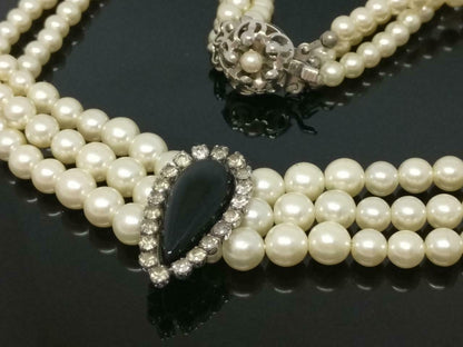 CJ888 Vintage Women Diamante Faux Pearls Bead Art Decor Estate Necklace F/S J531