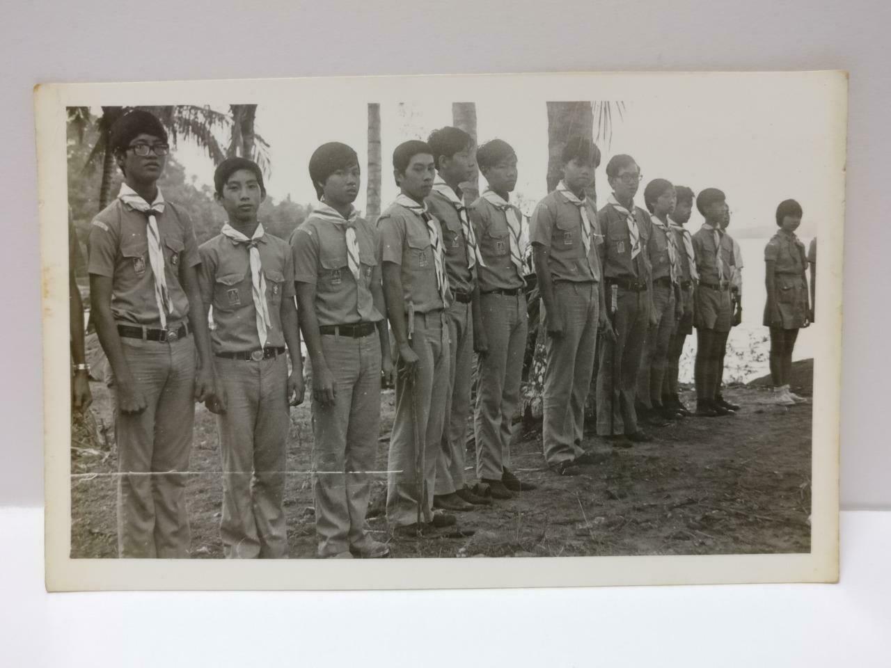 Vintage Singapore Scouts Boys Lining Up Outdoors Seaside Beach B&W Photo (P503)