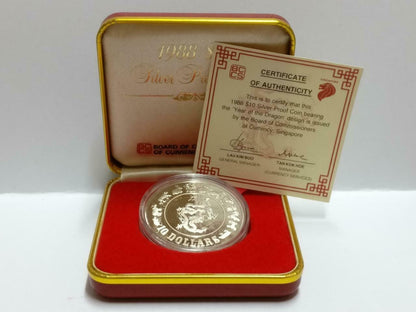 Singapore $10 Dragon 1988 Proof Silver Coin With Box & Cert (C043b)