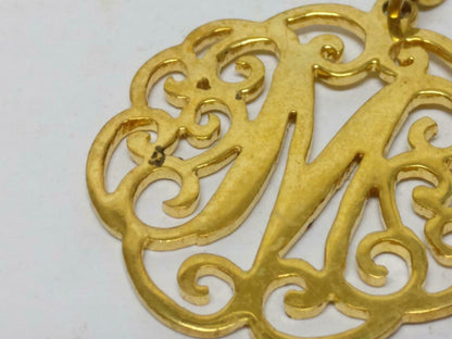 Vintage Beautiful Letter Initial M Gold Tone Metal Keyring Keychain F/S (B782)