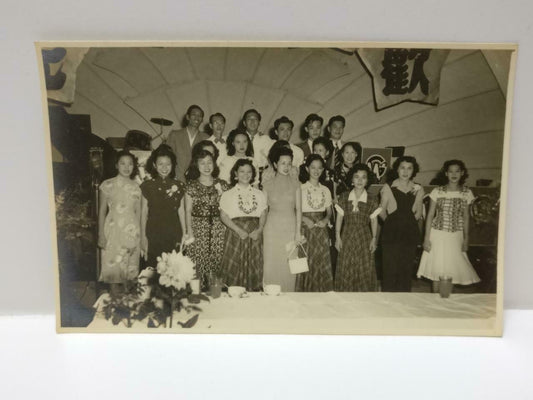 1950 Vtg Chinese Company Dinner Colleague Ladies & Men Group Shot B&W Photo P483