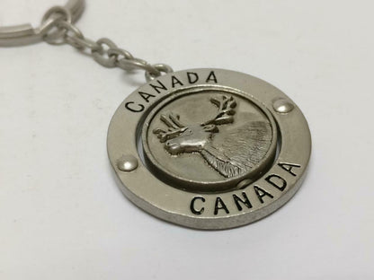 Vintage Canada Red Maple Leaf Moose Silver Tone Metal Keychain Keyring F/S B732