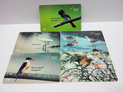 Used Vintage Singapore Phone Cards x5 Birds Little Egret Wood Sanpipers (A425)