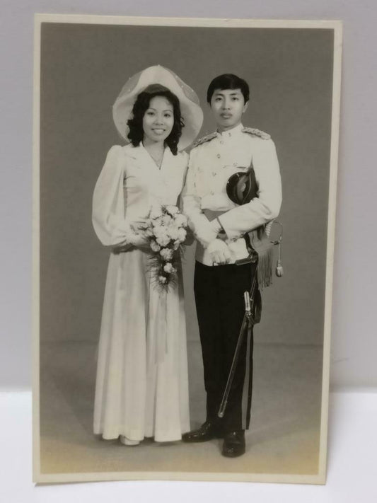 Singapore Wedding Couple Man With Military Army Uniform Studio B&W Photo (P375)