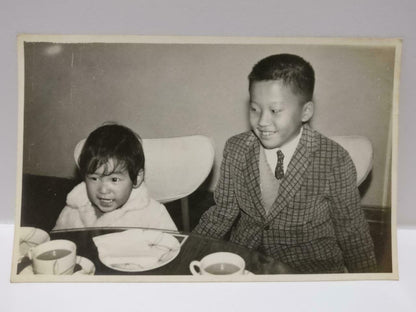 Vtg Smiling Siblings Boy Children Dining Table Tea Food Candid B&W Photo (P408)