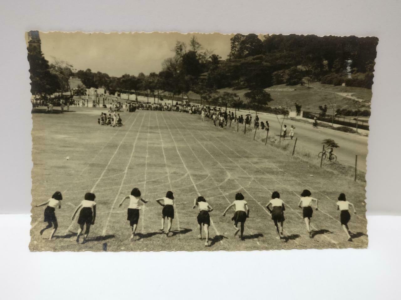 Vintage Overseas Chinese Girls Students Sports Day Running Shot B&W Photo (P482)