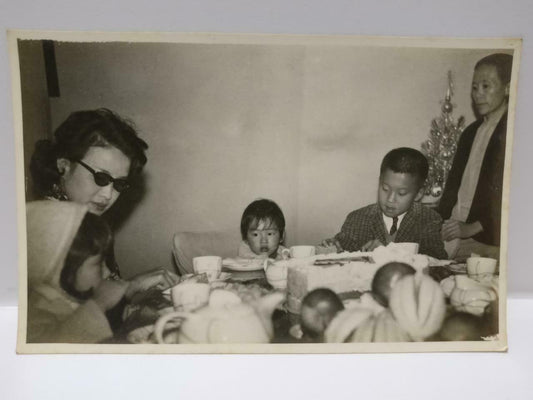 Asian Chinese Birthday Cake Party Dinner Family Boy Kids Candid B&W Photo P409