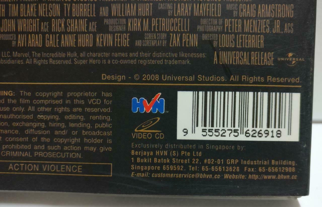 Marvel Movie The Incredible Hulk Edward Norton Singapore Video 2x VCD CD1120 D